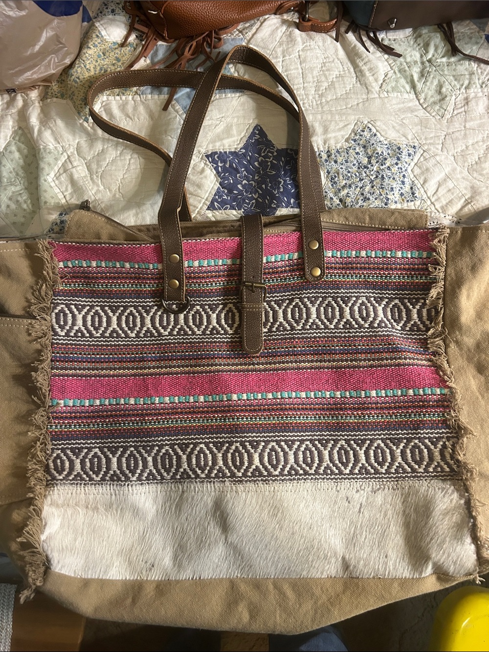 Large Myra Bag Boho Stripe Tote Bag in Pink and Brown